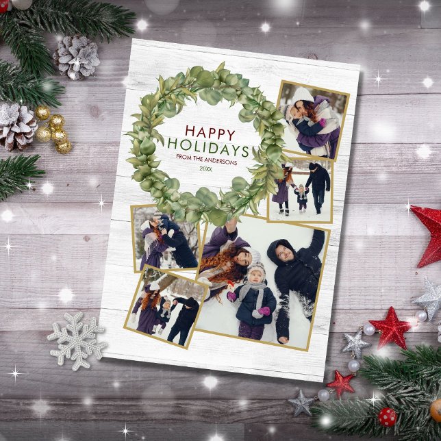 Rustic 5 Photo Collage Greenery Burgundy Christmas Holiday Card (Creator Uploaded)