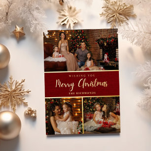 Rustic 5 photo collage Merry Christmas family Foil Holiday Card