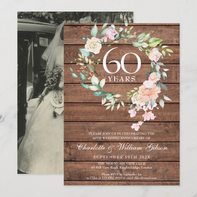 Rustic 60th 75th Anniversary Wedding Photo Floral Invitation (Front/Back)