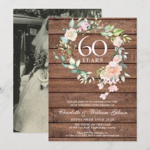 Rustic 60th 75th Anniversary Wedding Photo Floral Invitation