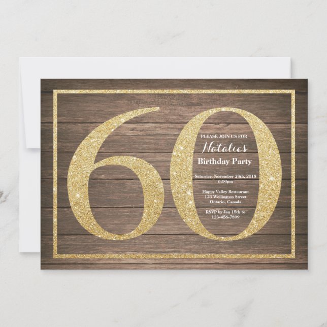 Rustic 60th Birthday Invitation Gold Glitter (Front)