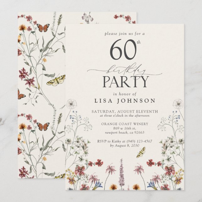 Rustic 60th Birthday Party Wildflower Garden Invitation (Front/Back)