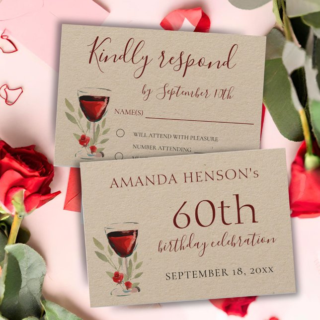 Rustic 60th Birthday Red Wine Party Kraft RSVP Card (Creator Uploaded)