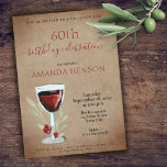 Rustic 60th Birthday Red Wine Surprise Party Invitation<br><div class="desc">Rustic 60th Birthday Red Wine Surprise Birthday Party Invitation. 60th birthday party invitation for her or him. Invitation with a red wine glass, roses and twigs on a rustic old paper background. The text is fully customisable - personalise it with your name, any age - 30th 40th 50th 70th 80th...</div>