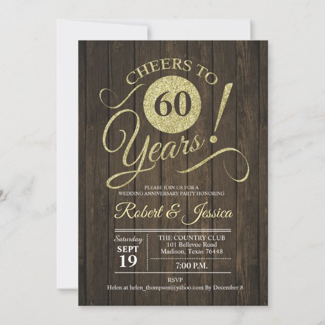 Rustic 60th Wedding Anniversary - Gold Wood Invitation (Front)