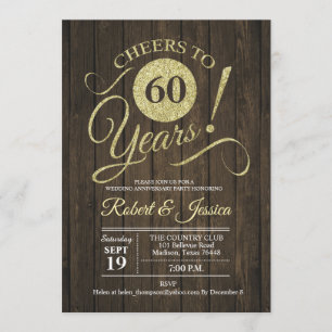 Rustic 60th Wedding Anniversary - Gold Wood Invitation
