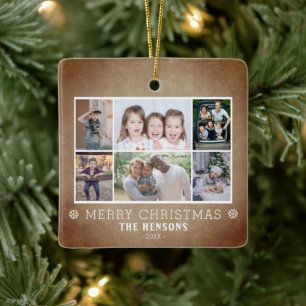 Rustic 6 Photo Collage Christmas Family Ceramic Ornament