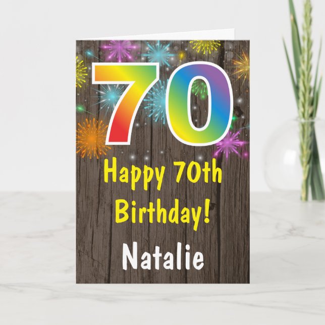 Rustic 70th Birthday Colourful Rainbow Fireworks Card (Front)