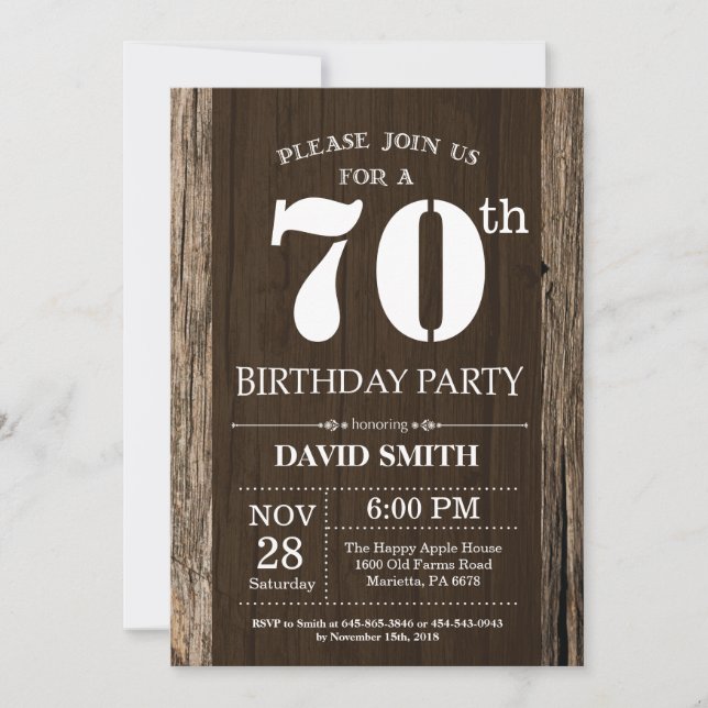 Rustic 70th Birthday Invitation Vintage Wood (Front)