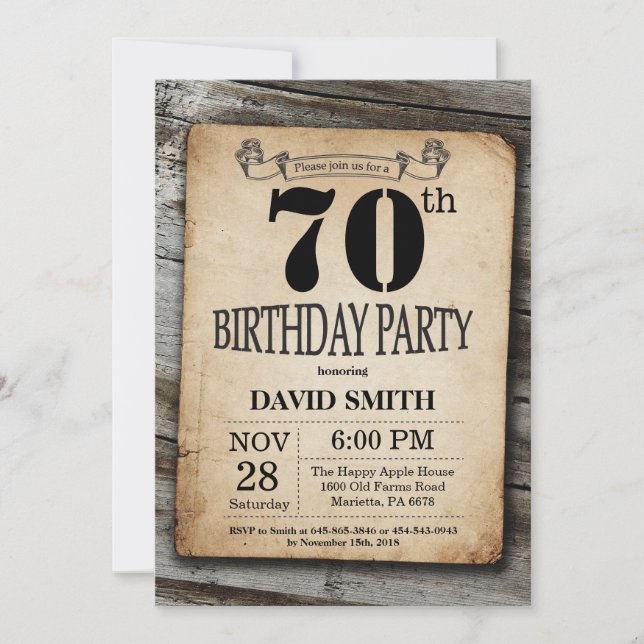 Rustic 70th Birthday Invitation Vintage Wood (Front)