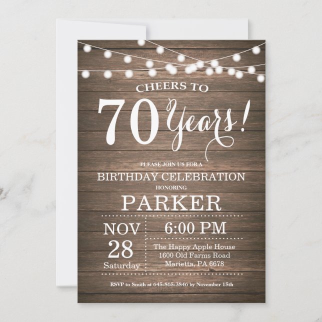 Rustic 70th Birthday Invitation Wood (Front)