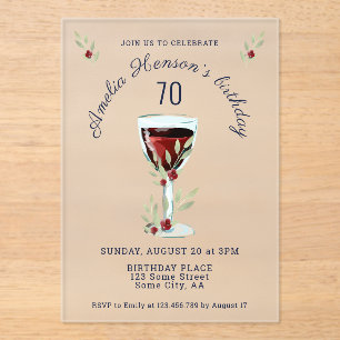 Rustic 70th Birthday Red Wine Glass Birthday Acrylic Invitations
