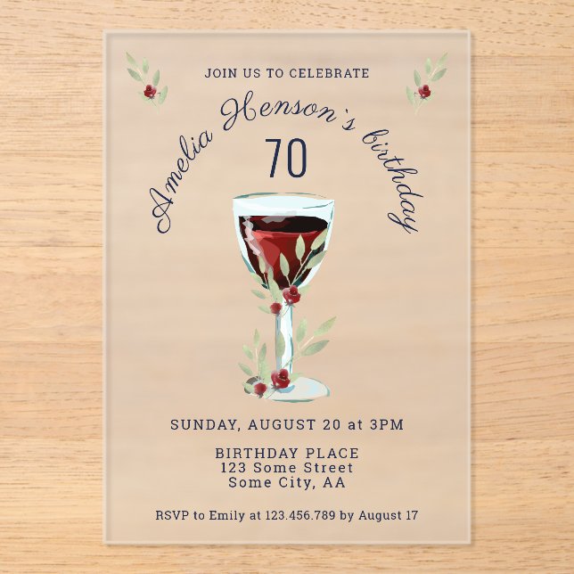 Rustic 70th Birthday Red Wine Glass Birthday Acrylic Invitations (Front)