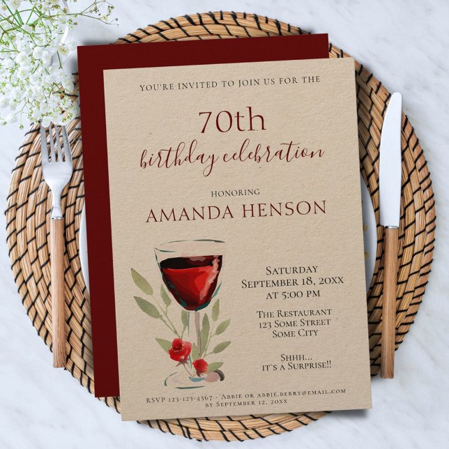 Rustic 70th Birthday Red Wine Surprise Party Kraft Invitation (Creator Uploaded)