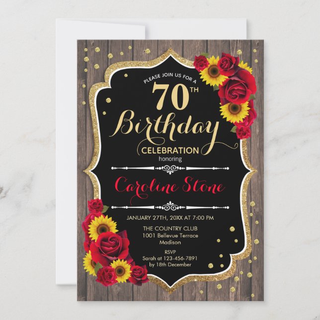 Rustic 70th Birthday - Sunflowers Roses Wood Invitation (Front)