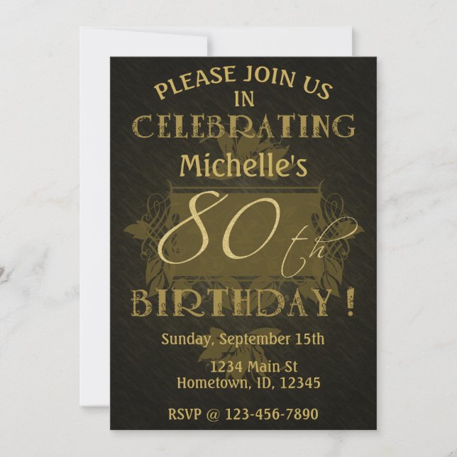 Rustic 80th Birthday Black & Gold Invitation (Front)