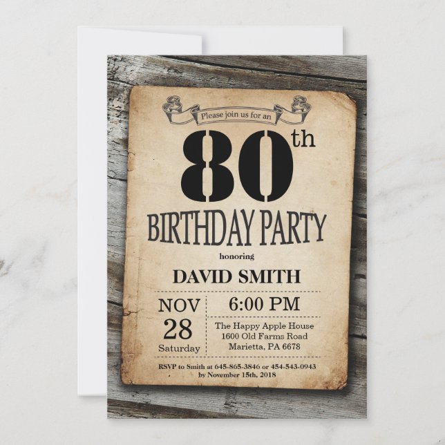 Rustic 80th Birthday Invitation Vintage Wood (Front)