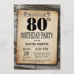 Rustic 80th Birthday Invitation Vintage Wood