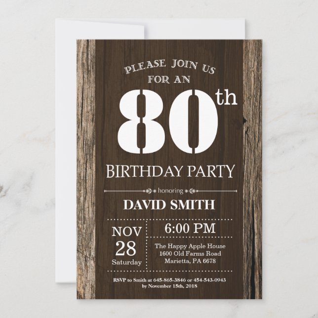 Rustic 80th Birthday Invitation Vintage Wood (Front)