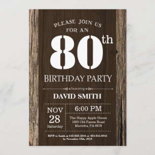 Rustic 80th Birthday Invitation Vintage Wood