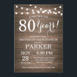 Rustic 80th Birthday Invitation Wood<br><div class="desc">Rustic 80th Birthday Invitation Wood Background with String Lights. 13th 15th 16th 18th 20th 21st 30th 40th 50th 60th 70th 80th 90th 100th, Any age. Adult Birthday. Woman or Man Male Birthday Party. For further customisation, please click the "Customise it" button and use our design tool to modify this template....</div>