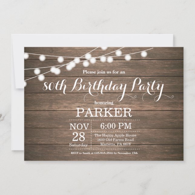 Rustic 80th Birthday Invitation Wood (Front)