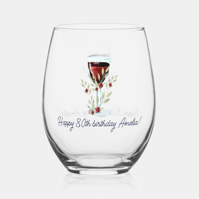 Rustic 80th Birthday Red Wine Foliage Stemless Wine Glass (Back)