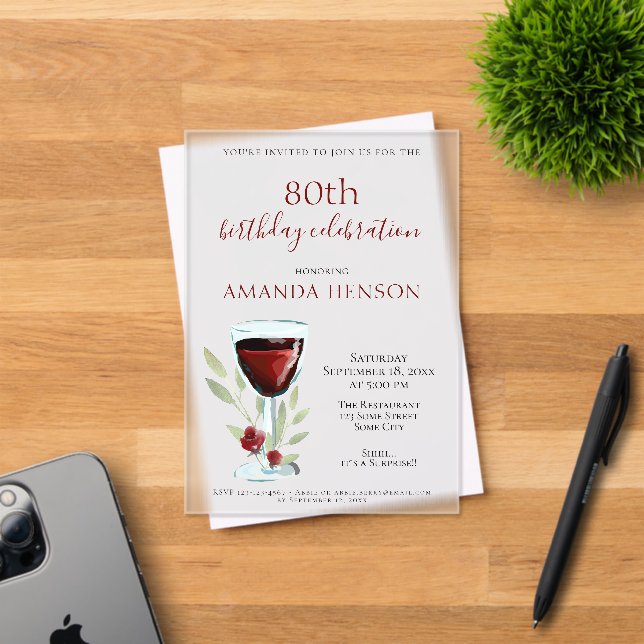 Rustic 80th Birthday Red Wine Surprise Birthday Acrylic Invitations (Insitu (Invitation Card))