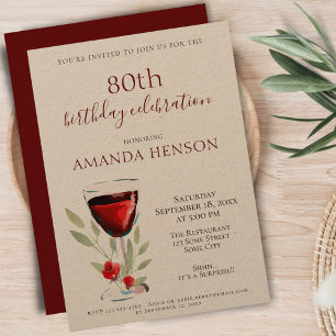 Rustic 80th Birthday Red Wine Surprise Party Kraft Invitation