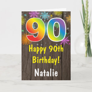 Rustic 90th Birthday Colourful Rainbow Fireworks Card