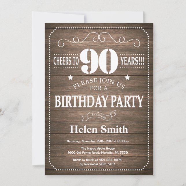 Rustic 90th Birthday Invitation Vintage Retro (Front)