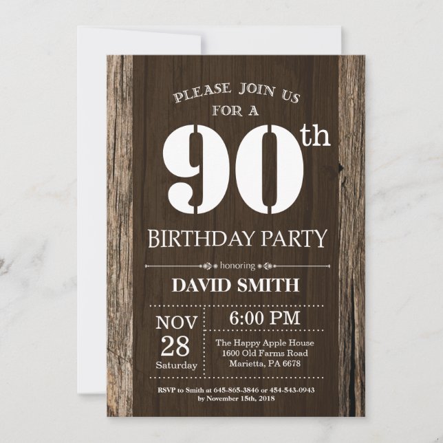 Rustic 90th Birthday Invitation Vintage Wood (Front)