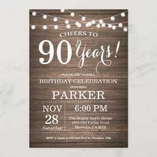 Rustic 90th Birthday Invitation Wood