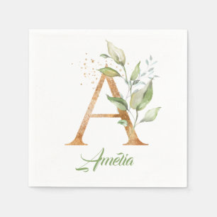 Rustic A monogram greenery foliage eucalyptus gold Napkin