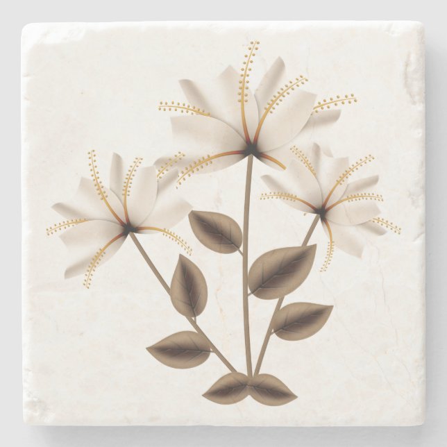 Rustic Abstract Ivory Brown Flower Green Leaves Stone Coaster (Front)