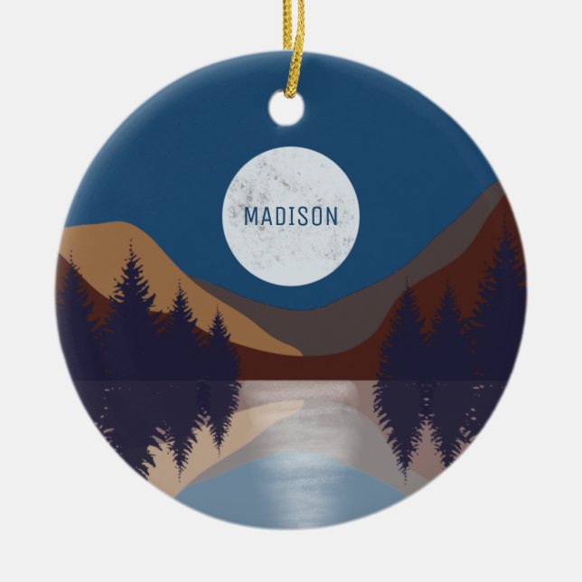 Rustic Abstract Landscape Forest Moon Reflection  Ceramic Tree Decoration (Front)