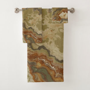 Rustic Abstract Olive Green Amber Mustard Print Bath Towel Set