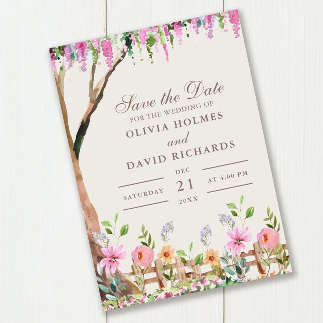 Rustic Acacia with Wildflowers Save the Date Card (Rustic Acacia with Wildflowers Save the Date Card on wooden table.)
