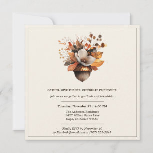 Rustic Acorn Floral   Ivory Thanksgiving Dinner Invitation