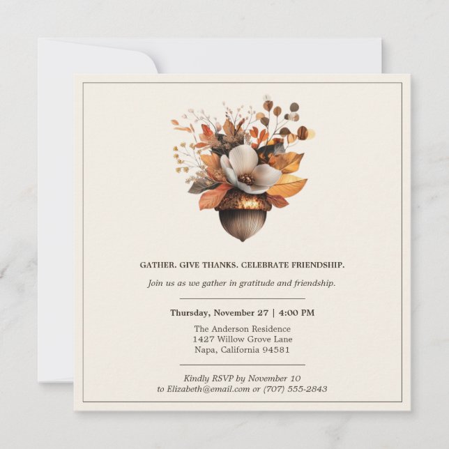 Rustic Acorn Floral | Ivory Thanksgiving Dinner Invitation (Front)