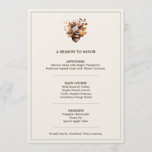 Rustic Acorn Floral Ivory Thanksgiving Dinner Menu