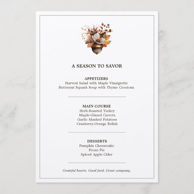 Rustic Acorn Floral White Thanksgiving Dinner Menu (Front)