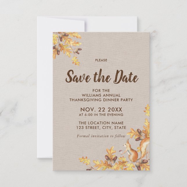 Rustic Acorns Oak Birch Thanksgiving Save the Date (Front)