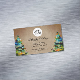 Rustic Add Logo Custom Text Christmas Tree Holiday Magnetic Business Card