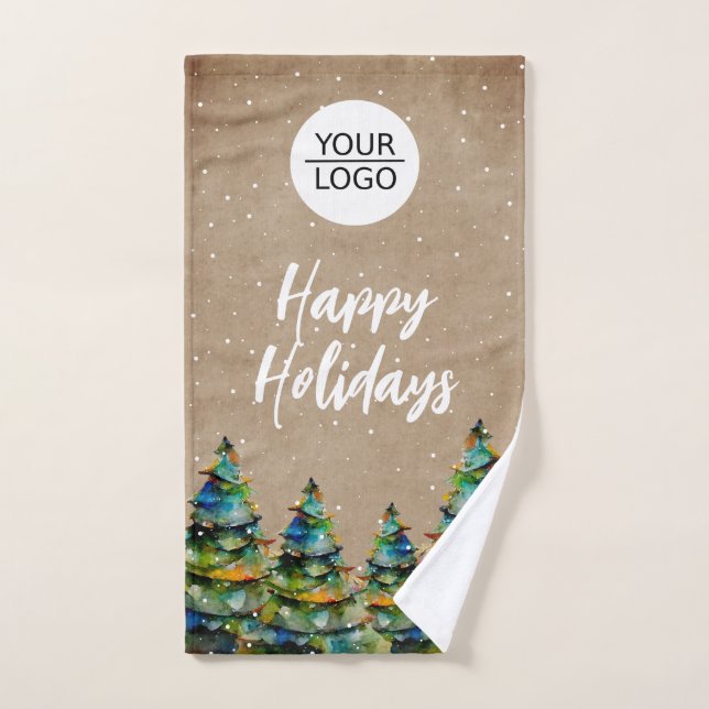 Rustic Add your Logo Happy Holidays Company Hand Towel (Hand Towel)