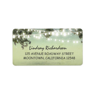 rustic address label with string lights