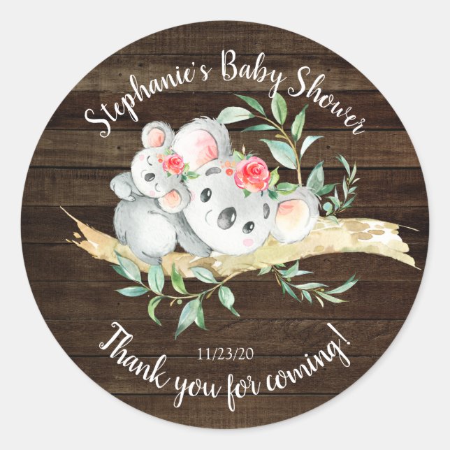 Rustic Adorable Koala Bear Girls Baby Shower Favou Classic Round Sticker (Front)