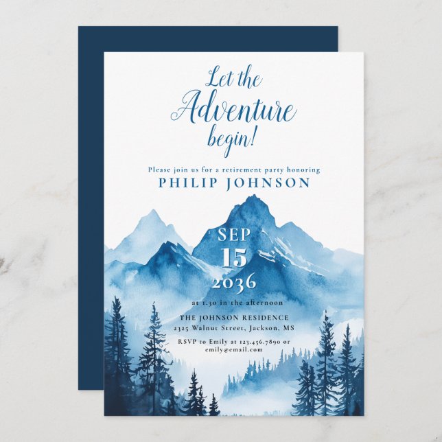 Rustic Adventure Begin Mountain Retirement Party Invitation (Front/Back)