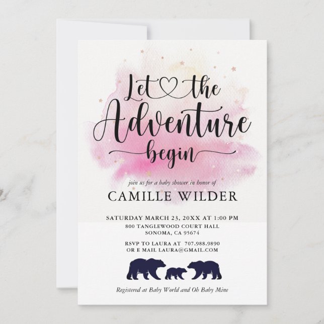 Rustic Adventure Begins Watercolor Bears Invitation (Front)
