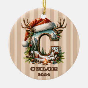 Rustic Adventure Letter C Santa Hat and Campfire Ceramic Tree Decoration